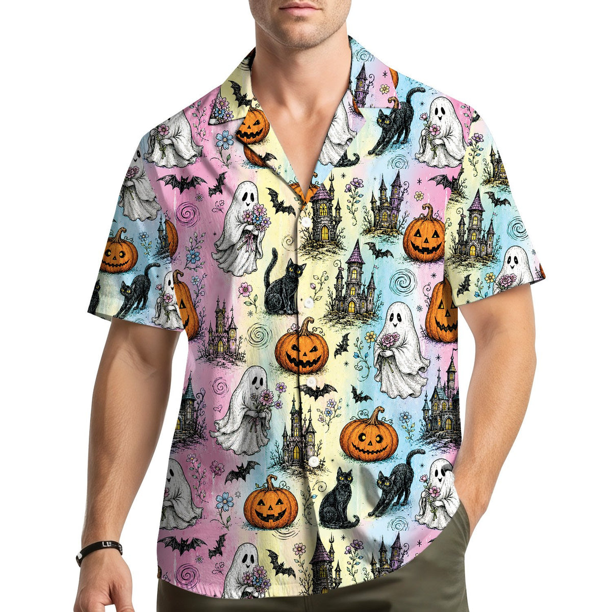 Lifestyle view of someone wearing the pastel vintage halloween hawaiian shirt