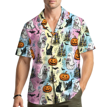 Lifestyle view of someone wearing the pastel vintage halloween hawaiian shirt