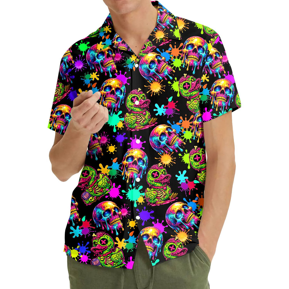 Lifestyle view of a family wearing matching halloween hawaiian shirts