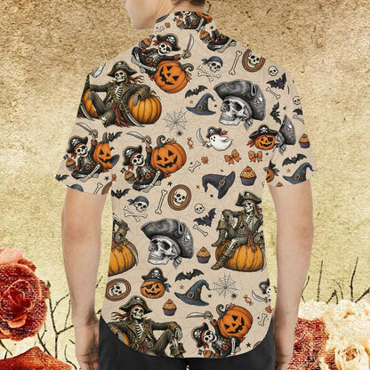 Lifestyle shot of family wearing the beige halloween hawaiian shirt