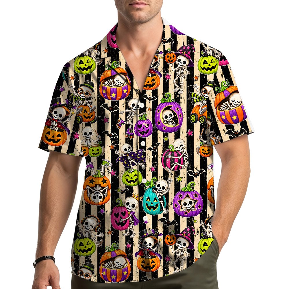 Lifestyle view of the skeleton halloween hawaiian shirt