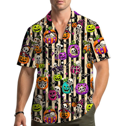Lifestyle view of the skeleton halloween hawaiian shirt