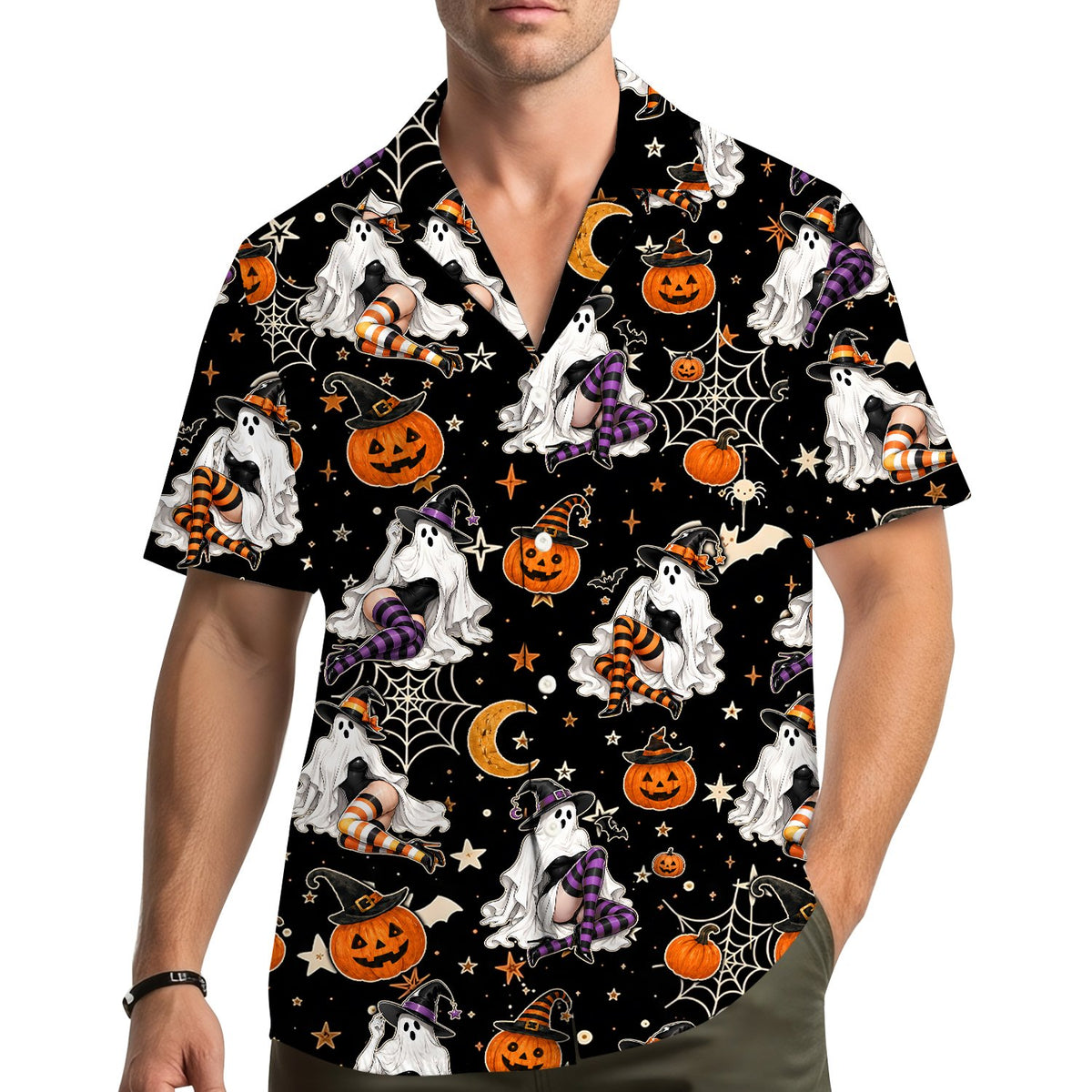 Family wearing matching halloween hawaiian shirts, lifestyle view