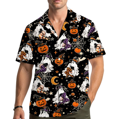 Family wearing matching halloween hawaiian shirts, lifestyle view