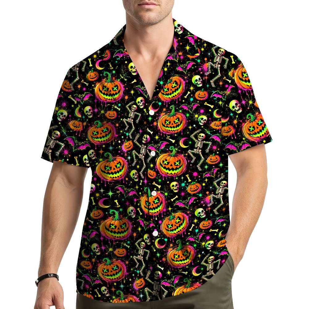 Lifestyle image of a family wearing the matching halloween hawaiian shirts