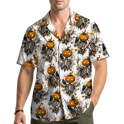 Lifestyle image of an adult wearing the white halloween hawaiian shirt