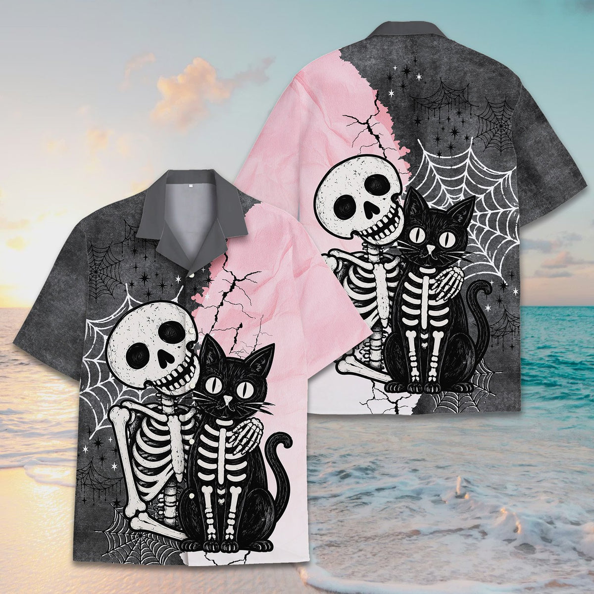 Lifestyle view of someone wearing the matching family halloween hawaiian shirt