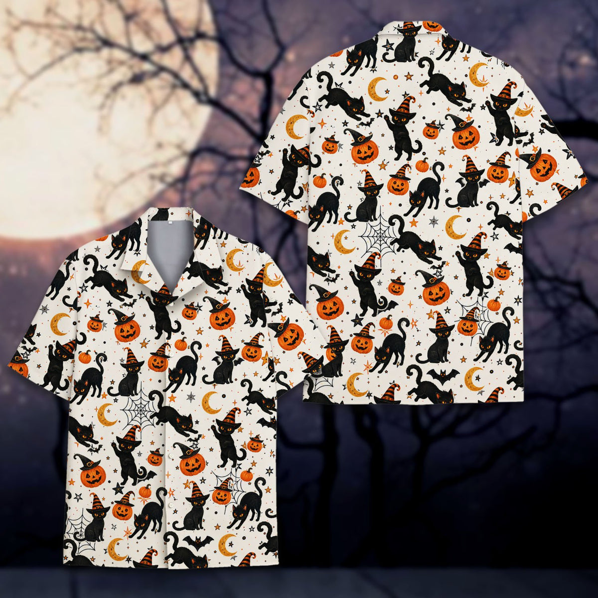 Lifestyle image of a family wearing matching Halloween Hawaiian shirts