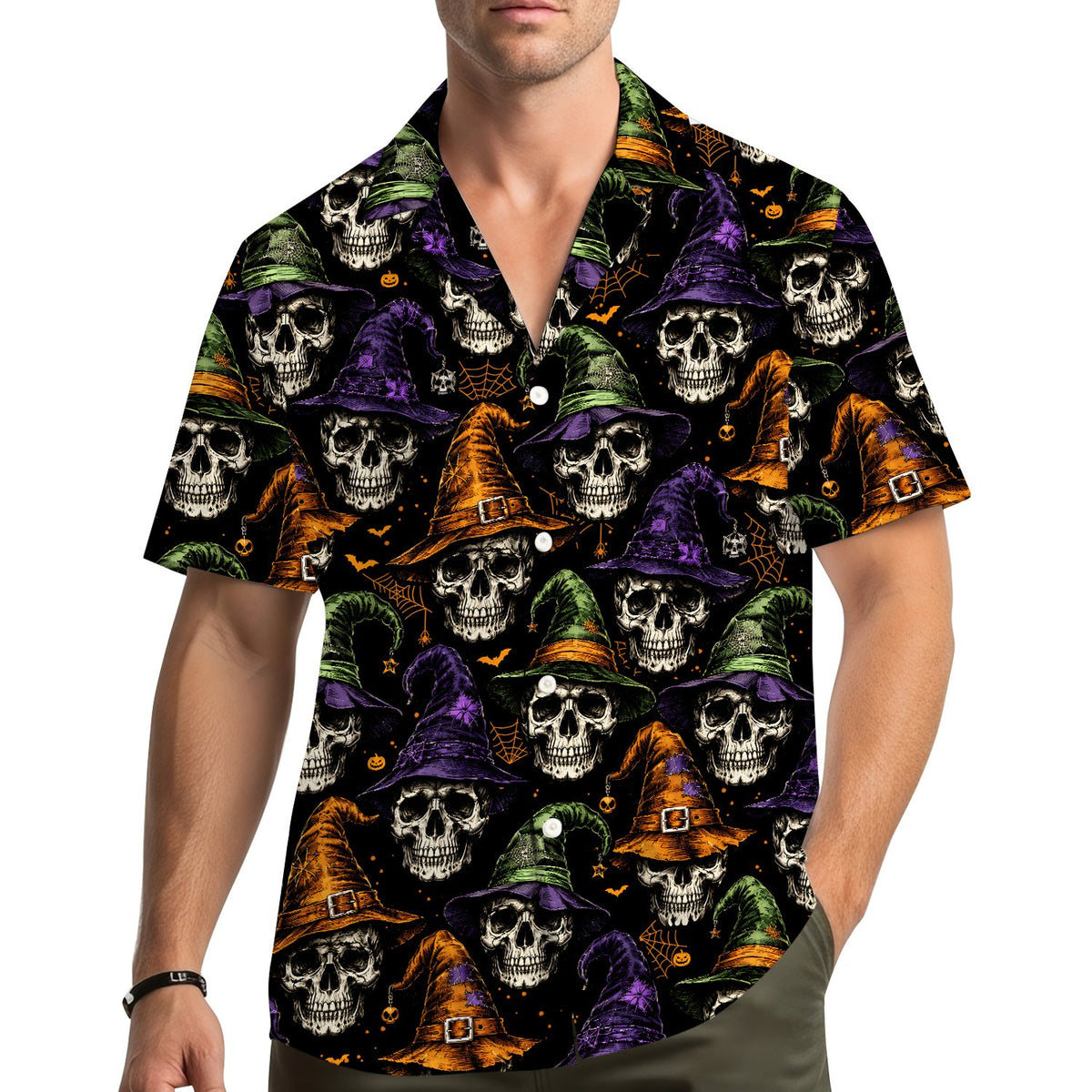 Lifestyle view of an adult wearing the halloween hawaiian shirt