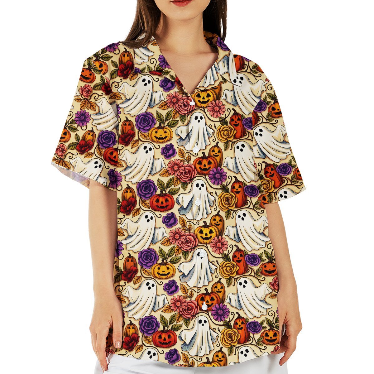Lifestyle image showing a person wearing the matching family Halloween Hawaiian shirt