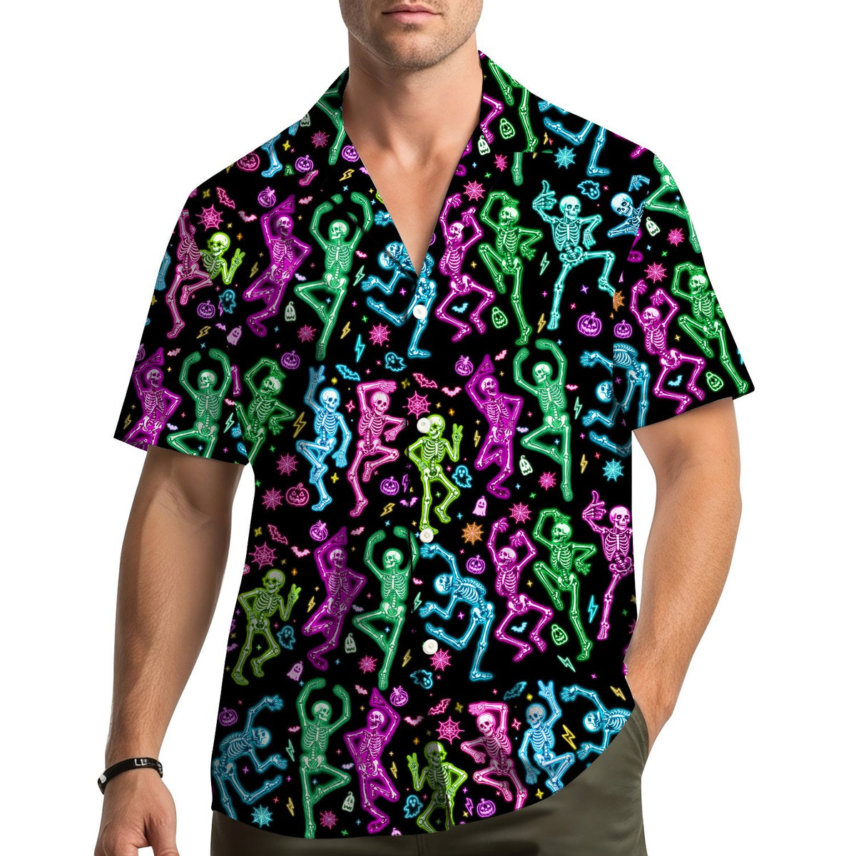 Lifestyle view of someone wearing the neon skeleton halloween hawaiian shirt