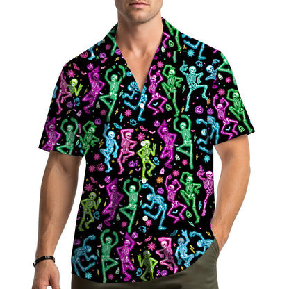 Lifestyle view of someone wearing the neon skeleton halloween hawaiian shirt