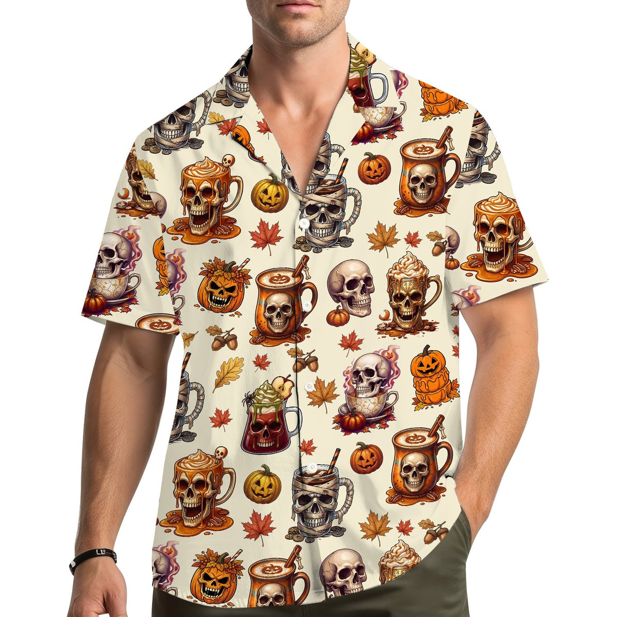 Lifestyle image of someone wearing the halloween hawaiian shirt outdoors
