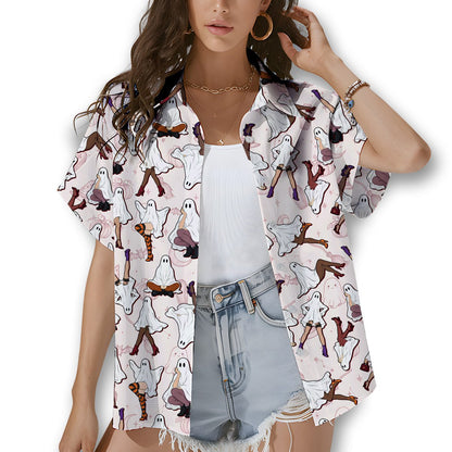 Family wearing matching halloween hawaiian shirts in a lifestyle setting