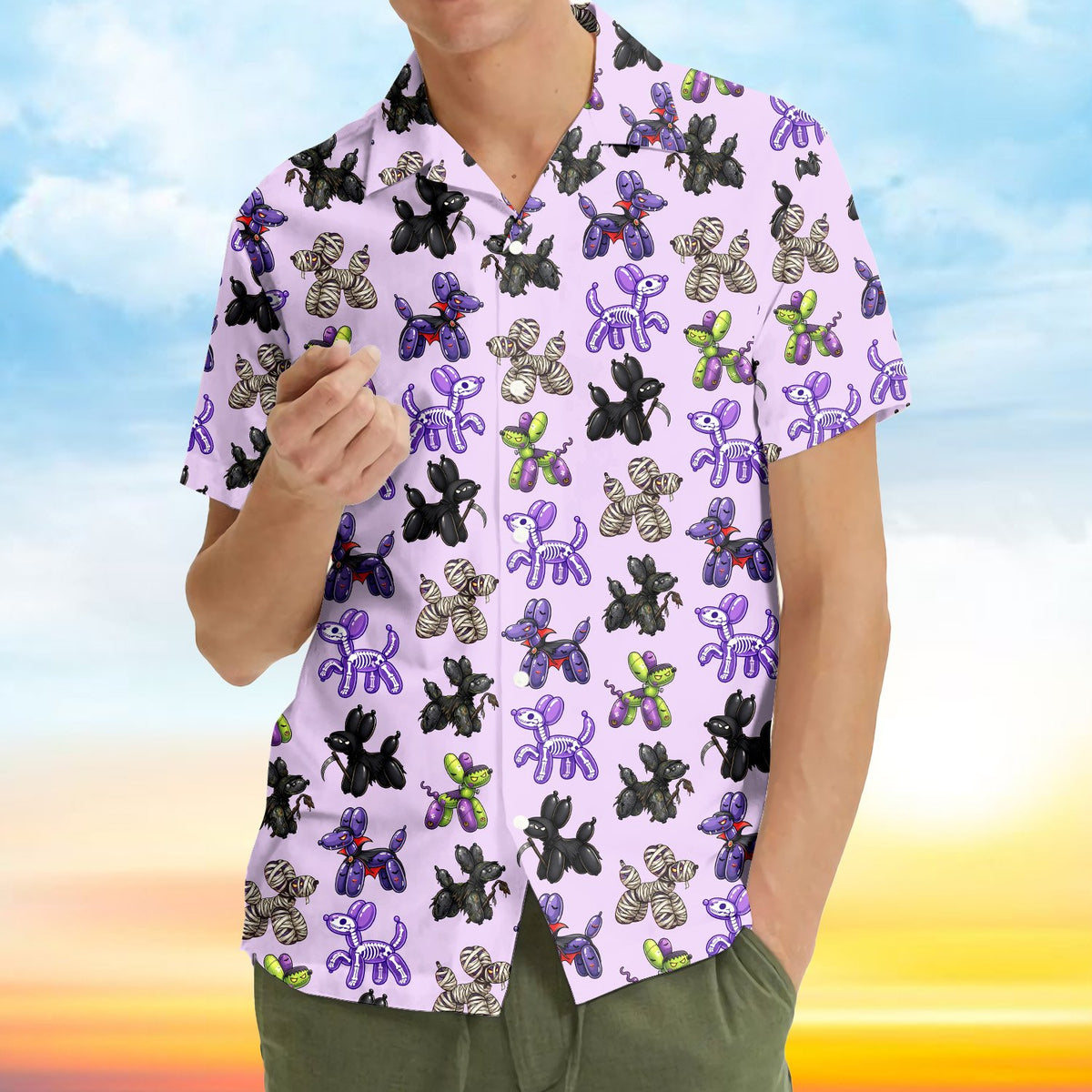 Lifestyle image of someone wearing the purple Halloween balloon dog hawaiian shirt