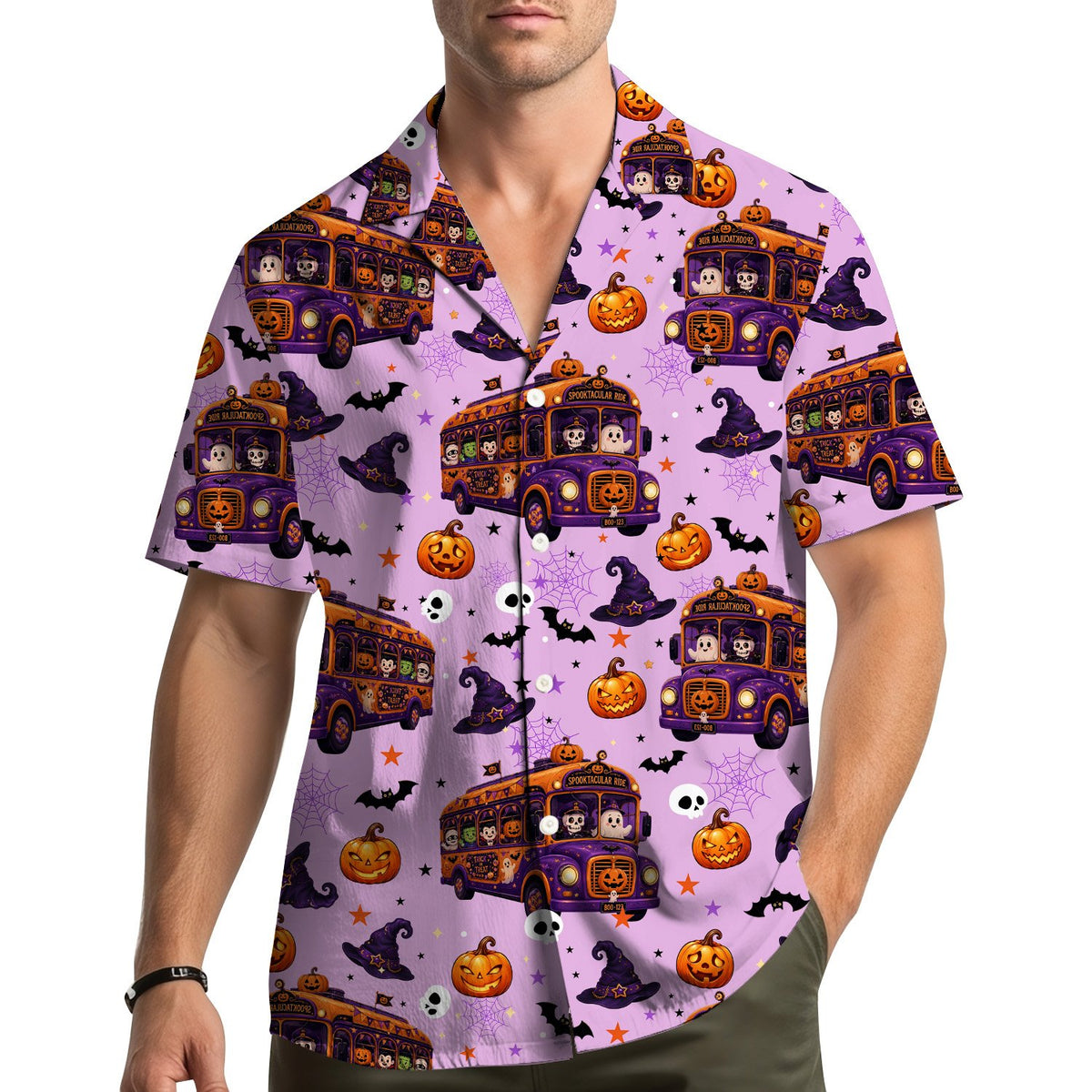 Lifestyle view of the family wearing the halloween hawaiian shirts together