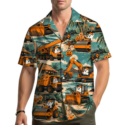 Family wearing teal halloween hawaiian shirts lifestyle view