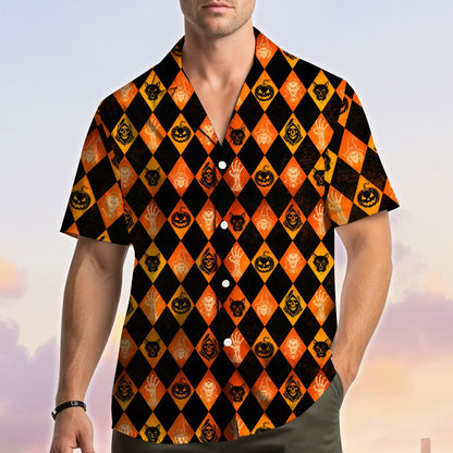 Lifestyle image of the black and orange Halloween hawaiian shirt