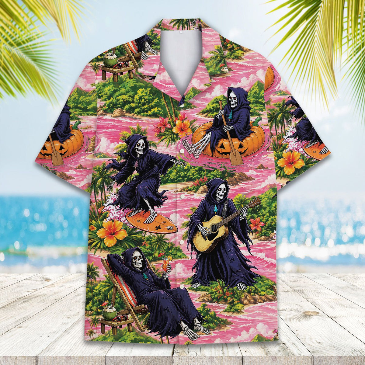 Person wearing the surfing grim reaper matching family hawaiian shirt outdoors