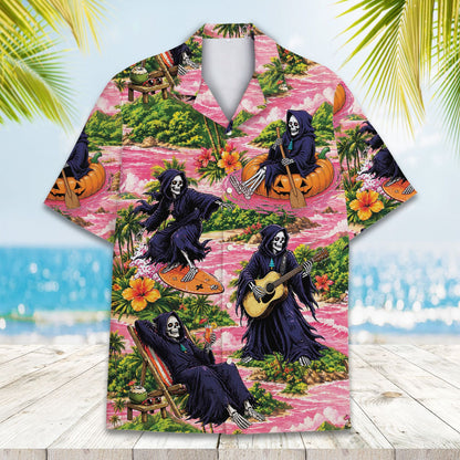 Person wearing the surfing grim reaper matching family hawaiian shirt outdoors