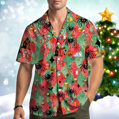 Matching family hawaiian shirts in halloween print, lifestyle view 1