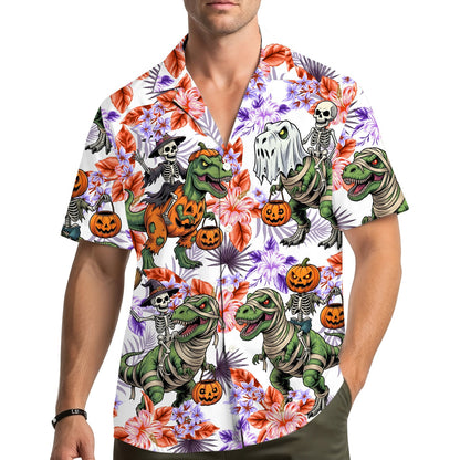 Lifestyle view of a family wearing the matching halloween hawaiian shirts
