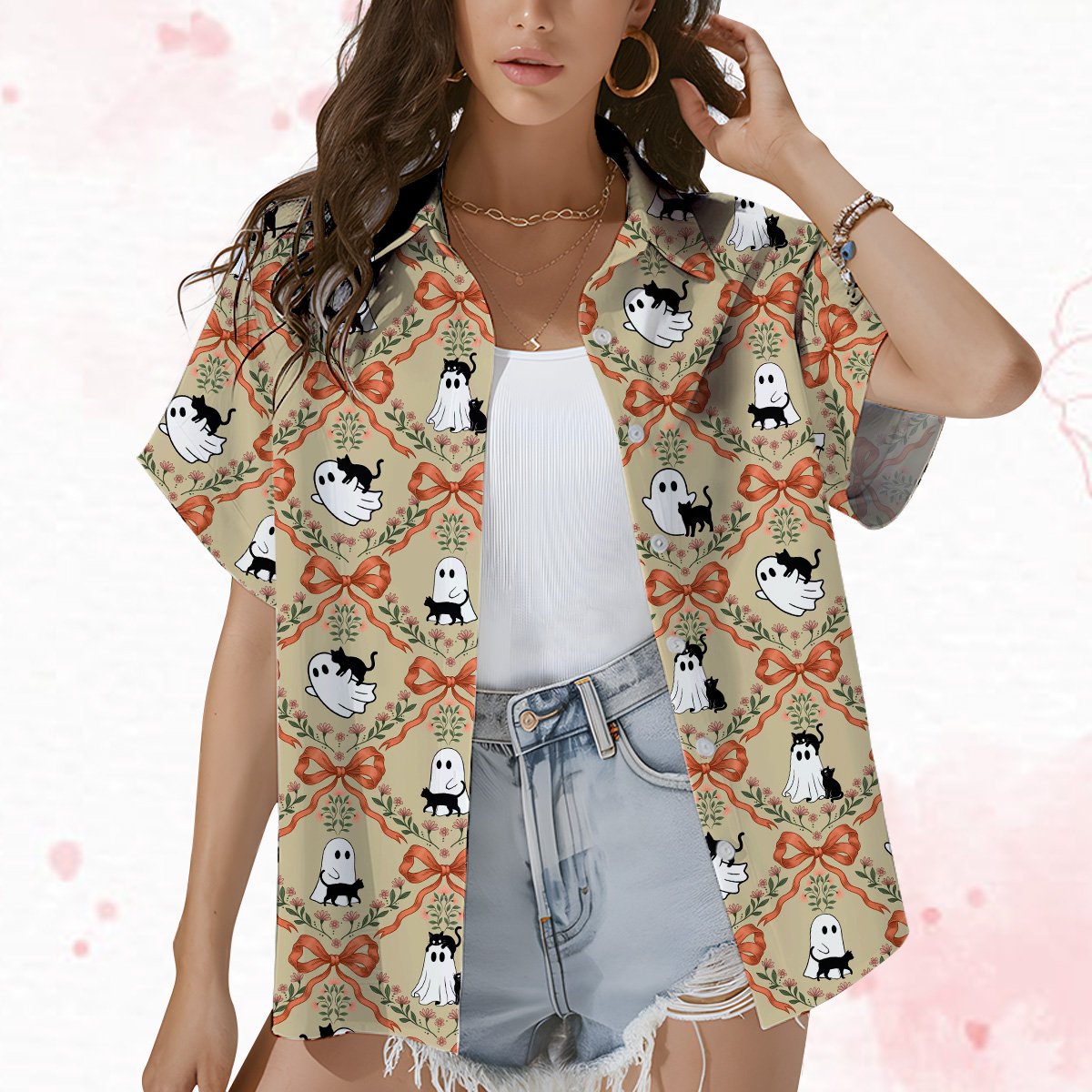Lifestyle view of matching family hawaiian shirts with halloween ghost and cat design