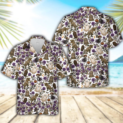 Alternative angle of the white halloween hawaiian shirt showing the intricate holiday pattern