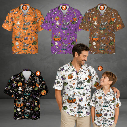 Close up view of the multicolor halloween hawaiian shirt fabric pattern