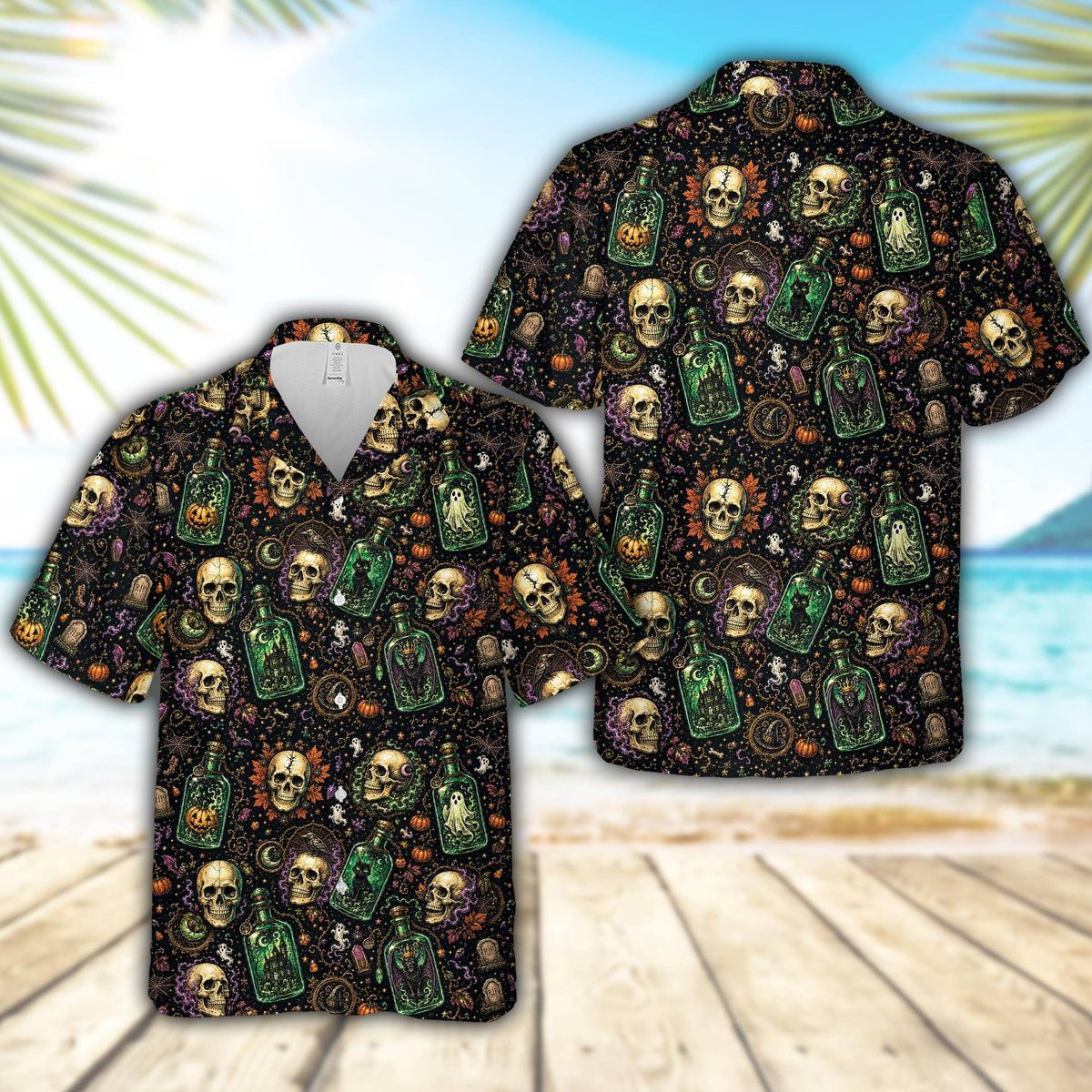 Side view of the holiday hawaiian shirt on a model showing the button-up style
