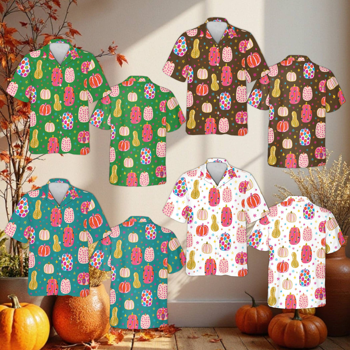 Close up view of colorful stylized pumpkins on the halloween hawaiian shirt