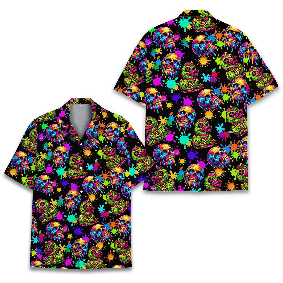 Additional detailed view highlighting the vivid neon paint splatters on the shirt