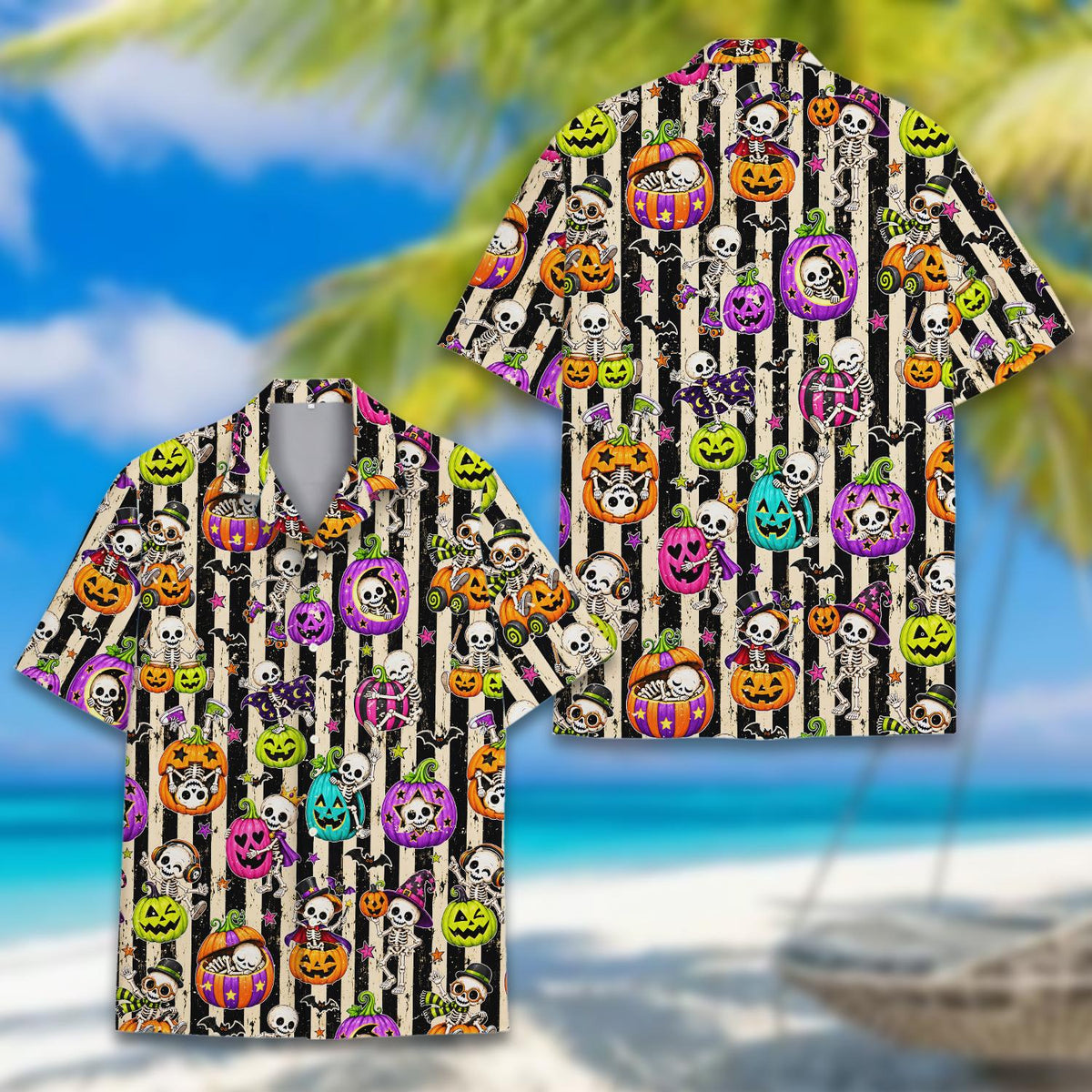 Close-up view of the skeletons and jack-o'-lanterns on the halloween hawaiian shirt