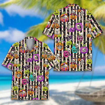 Close-up view of the skeletons and jack-o'-lanterns on the halloween hawaiian shirt
