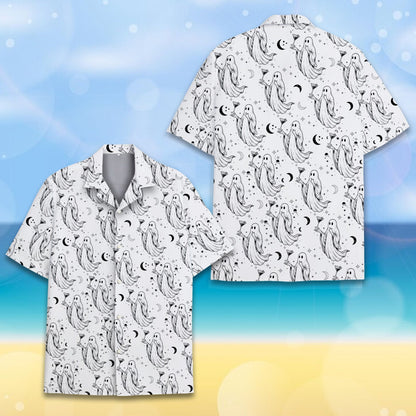 Close-up of the stars and moons pattern on the matching family hawaiian shirts