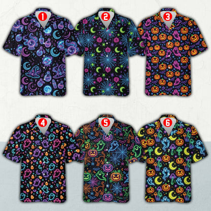Side angle view of matching family hawaiian shirts