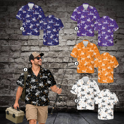 Detailed pattern view of the skeleton figures and spider webs on the matching family hawaiian shirts