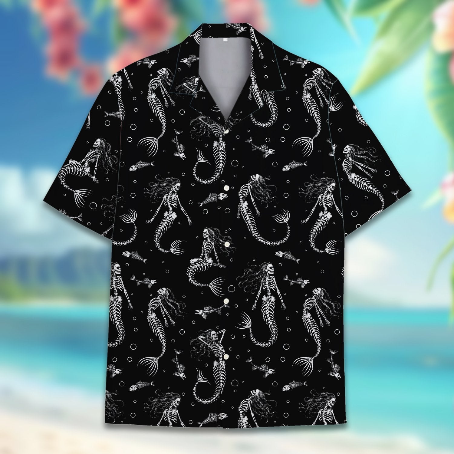 Fabric and button detail view of the halloween hawaiian shirt