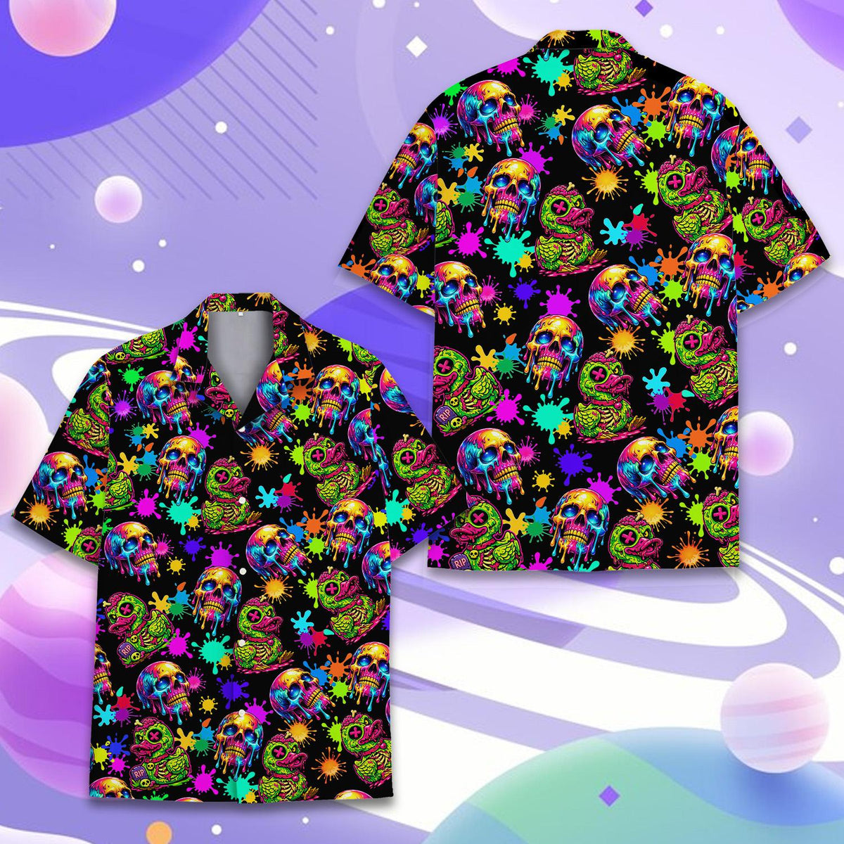 Detailed view of the neon skull and zombie duck pattern on the hawaiian shirt