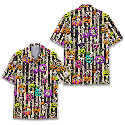 Detailed view of the halloween hawaiian shirt fabric and print