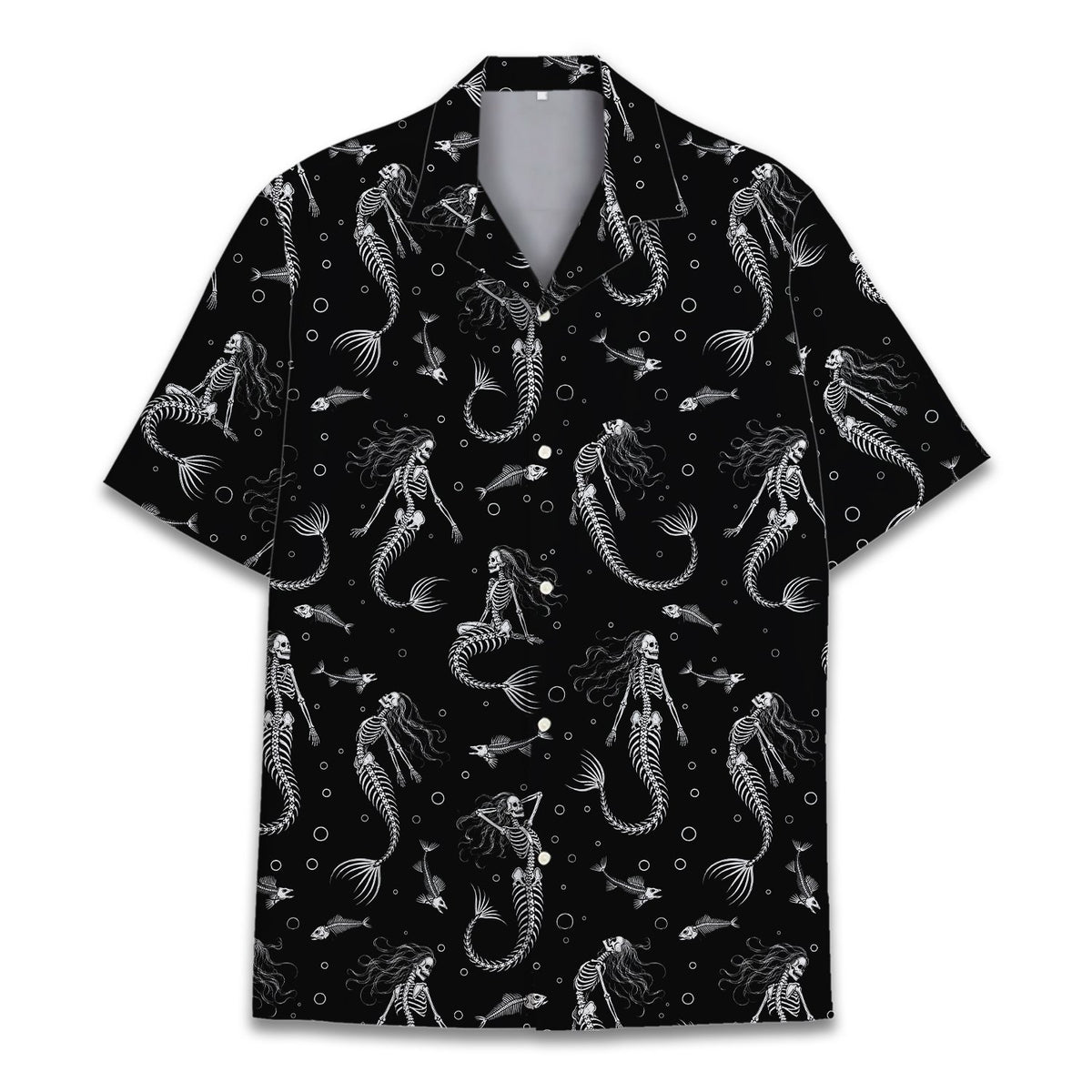 Detail view of the white mermaid skeleton pattern on black fabric