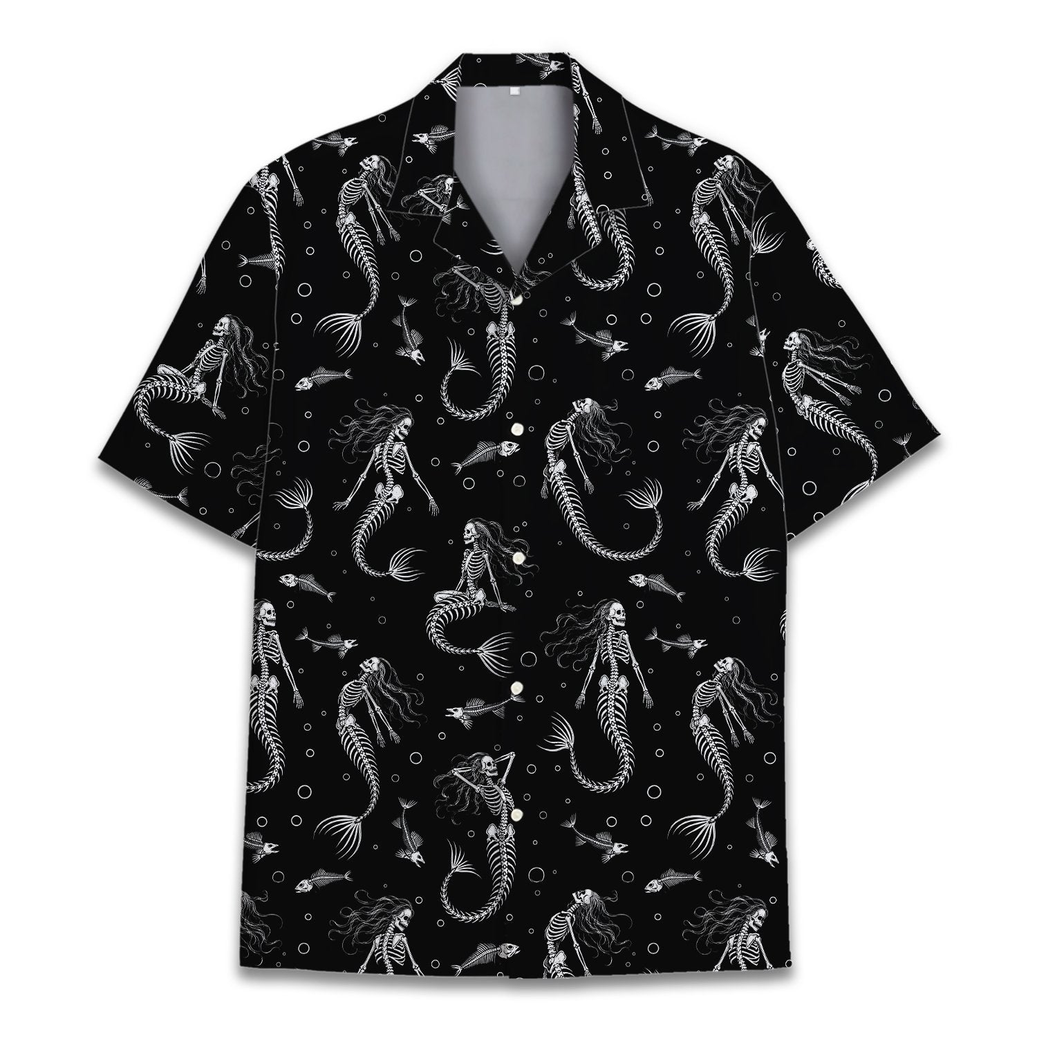 Detail view of the white mermaid skeleton pattern on black fabric