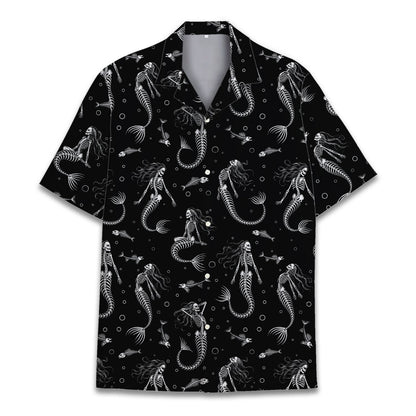 Detail view of the white mermaid skeleton pattern on black fabric