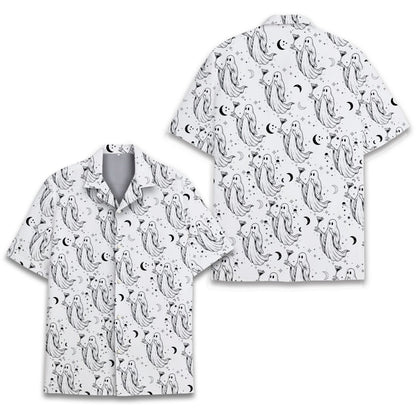 Detail view showing the line-art cocktail ghost design on the hawaiian shirt