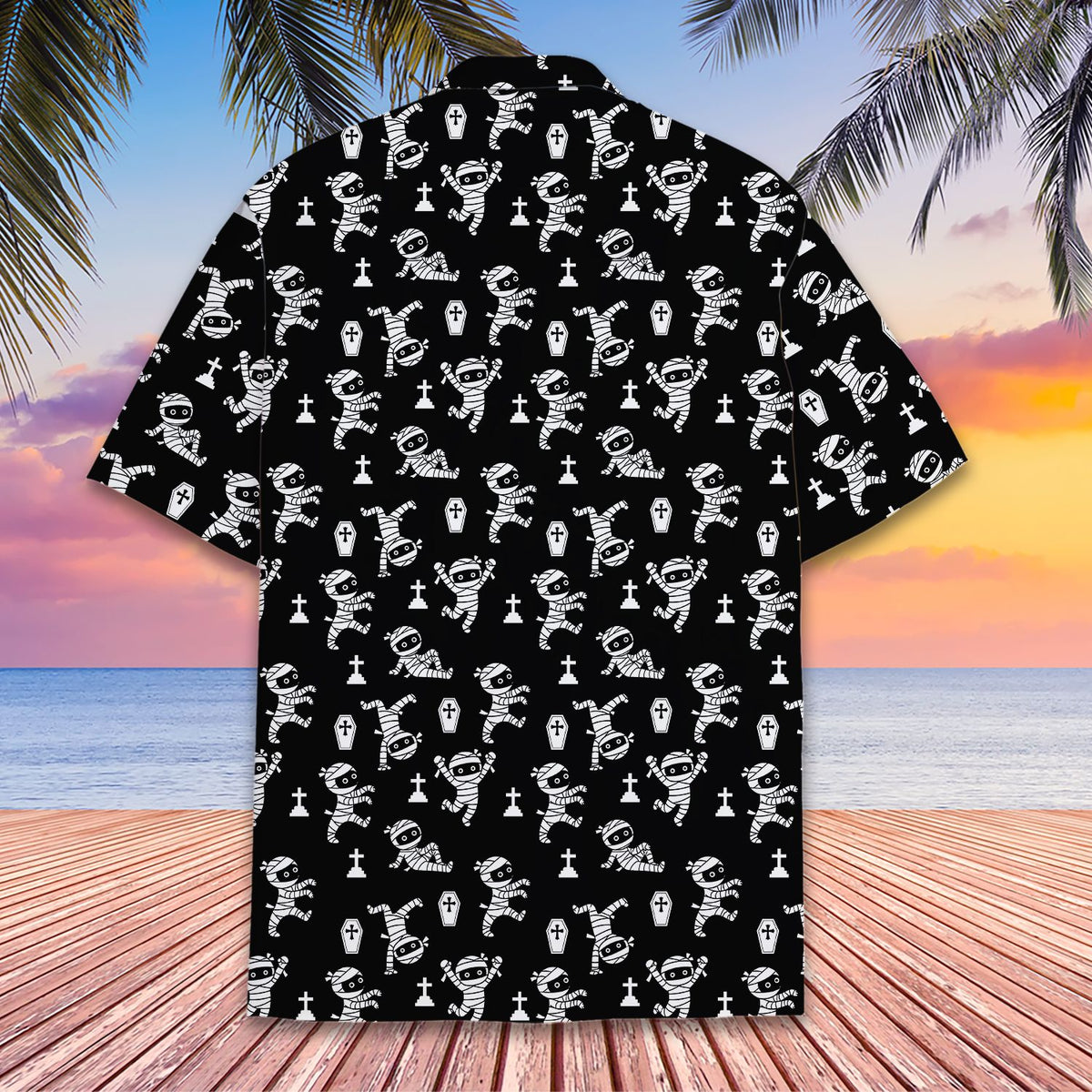 Alternate back view of the halloween mummy hawaiian shirt