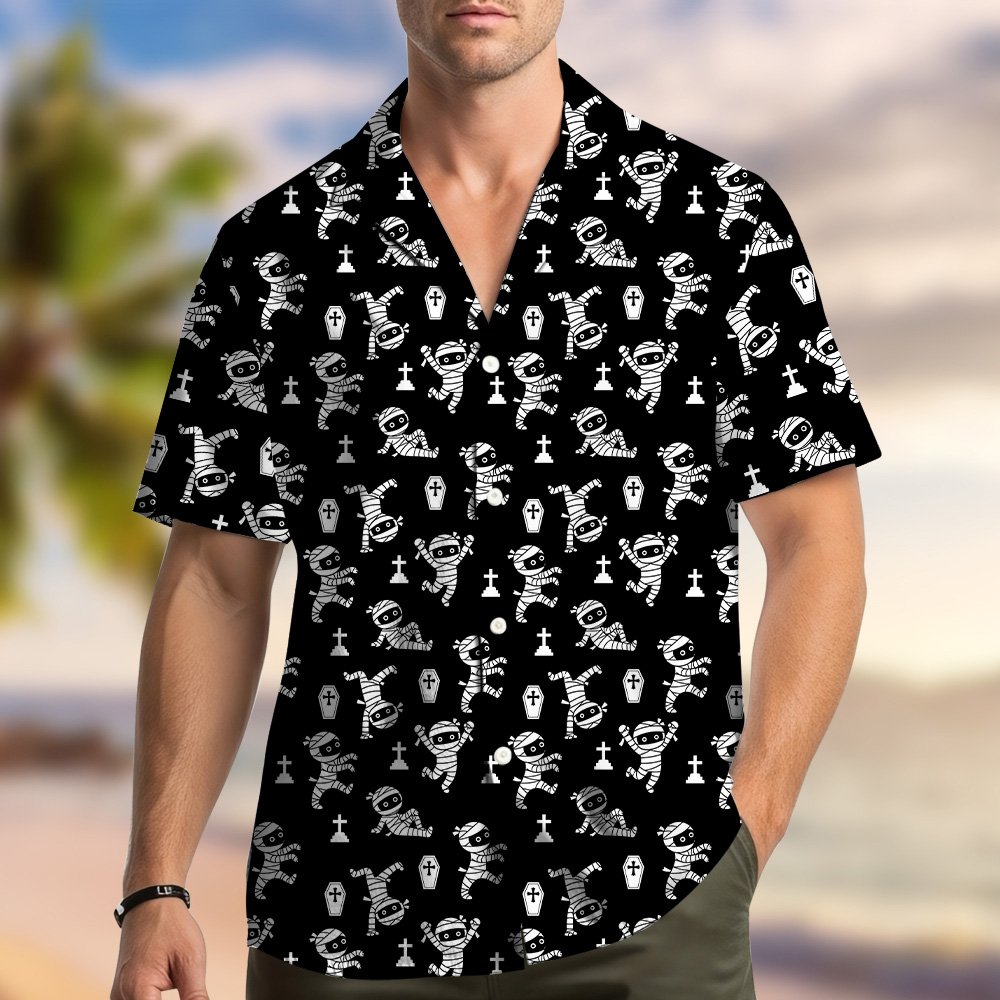 Lifestyle view 2 of a person wearing the mummy hawaiian shirt