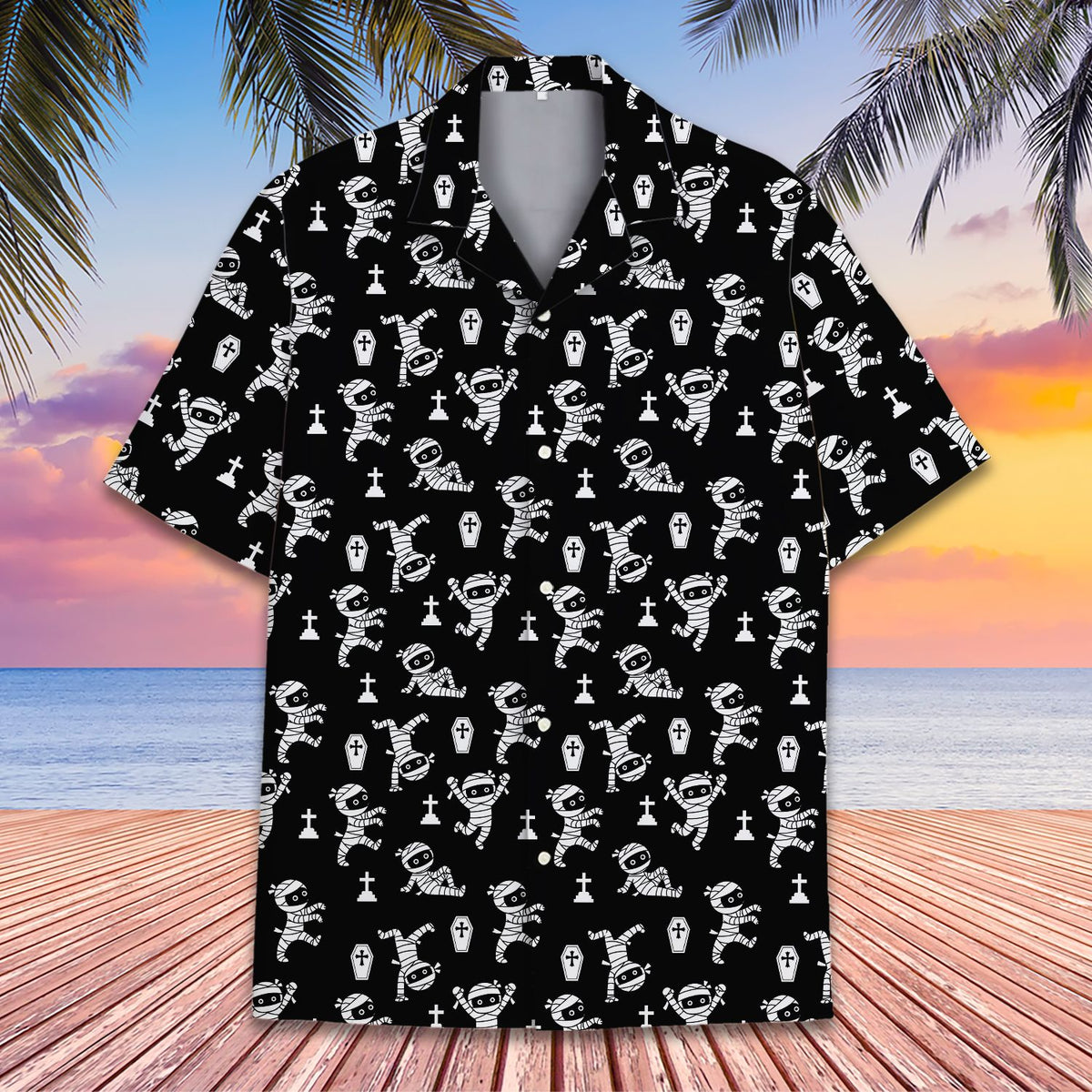 Lifestyle view 4 of a person wearing the halloween mummy hawaiian shirt