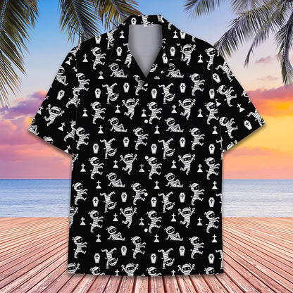 Lifestyle view 4 of a person wearing the halloween mummy hawaiian shirt