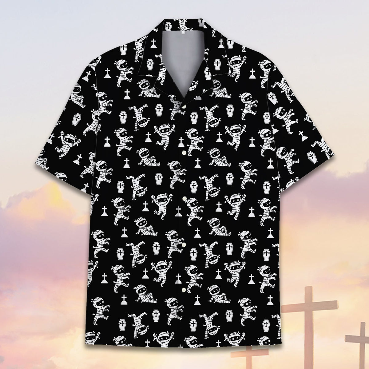 Lifestyle view 5 of a person wearing the halloween mummy hawaiian shirt