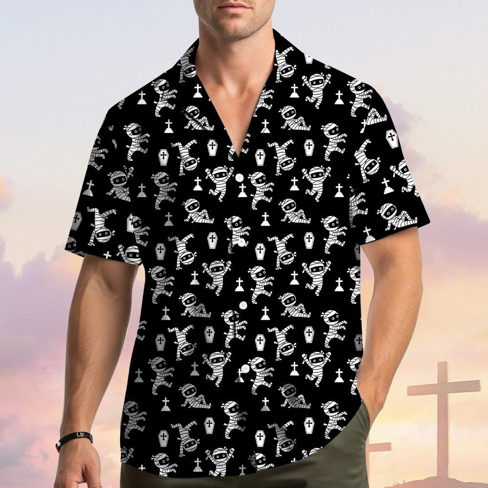Lifestyle view of a person wearing matching family hawaiian shirts